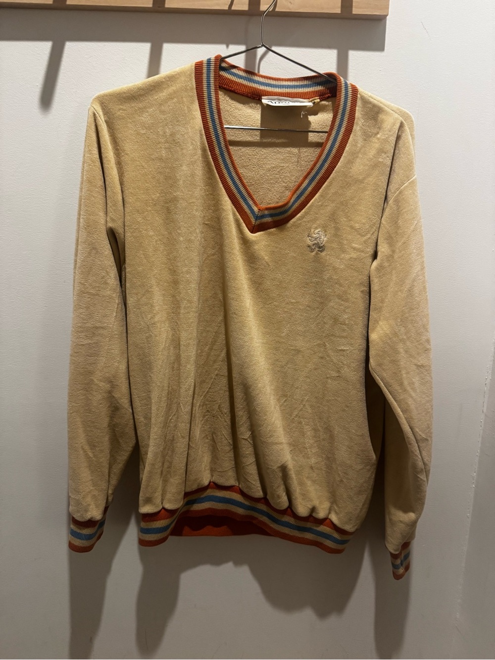 Adolfo Cream V-Neck Sweater with Multicolor Stripe Trim